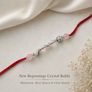 Natural certified New Beginnings Crystal Rakhi with Moonstone, Rose Quartz and Clear Quartz by Bellarosa Gems