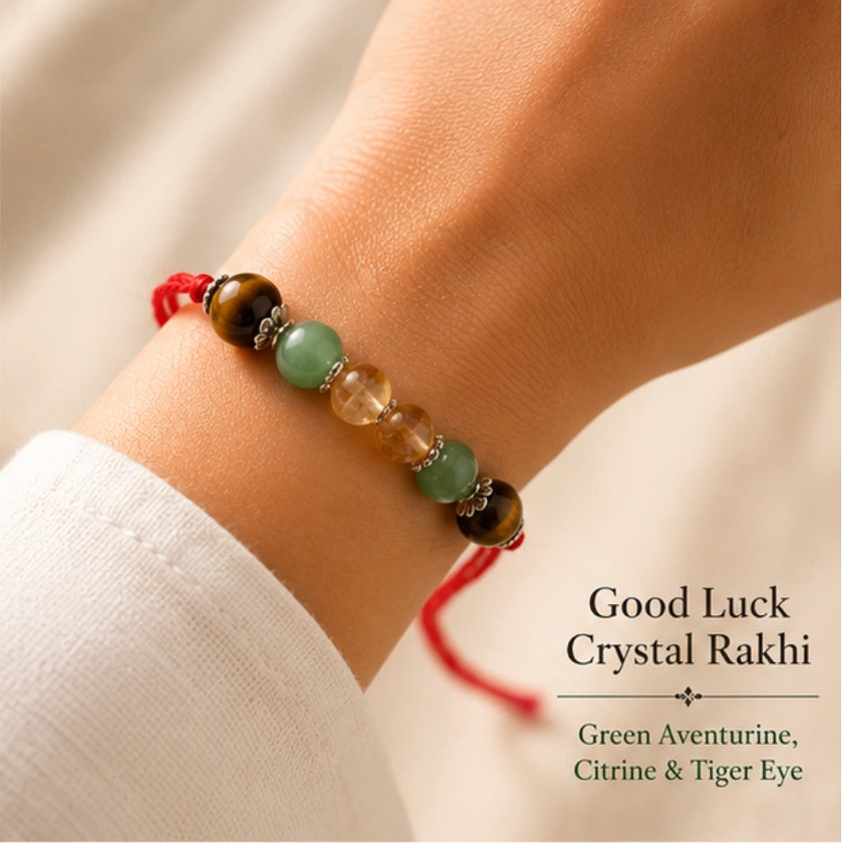 Natural certified Good Luck Crystal Rakhi with Green Aventurine, Citrine and Tiger Eye by Bellarosa Gems