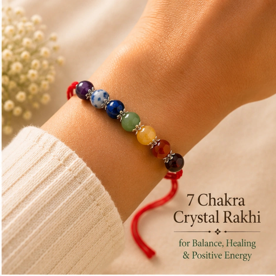 Natural certified 7 Chakra Crystal Rakhi for balance and positivity by Bellarosa Gems