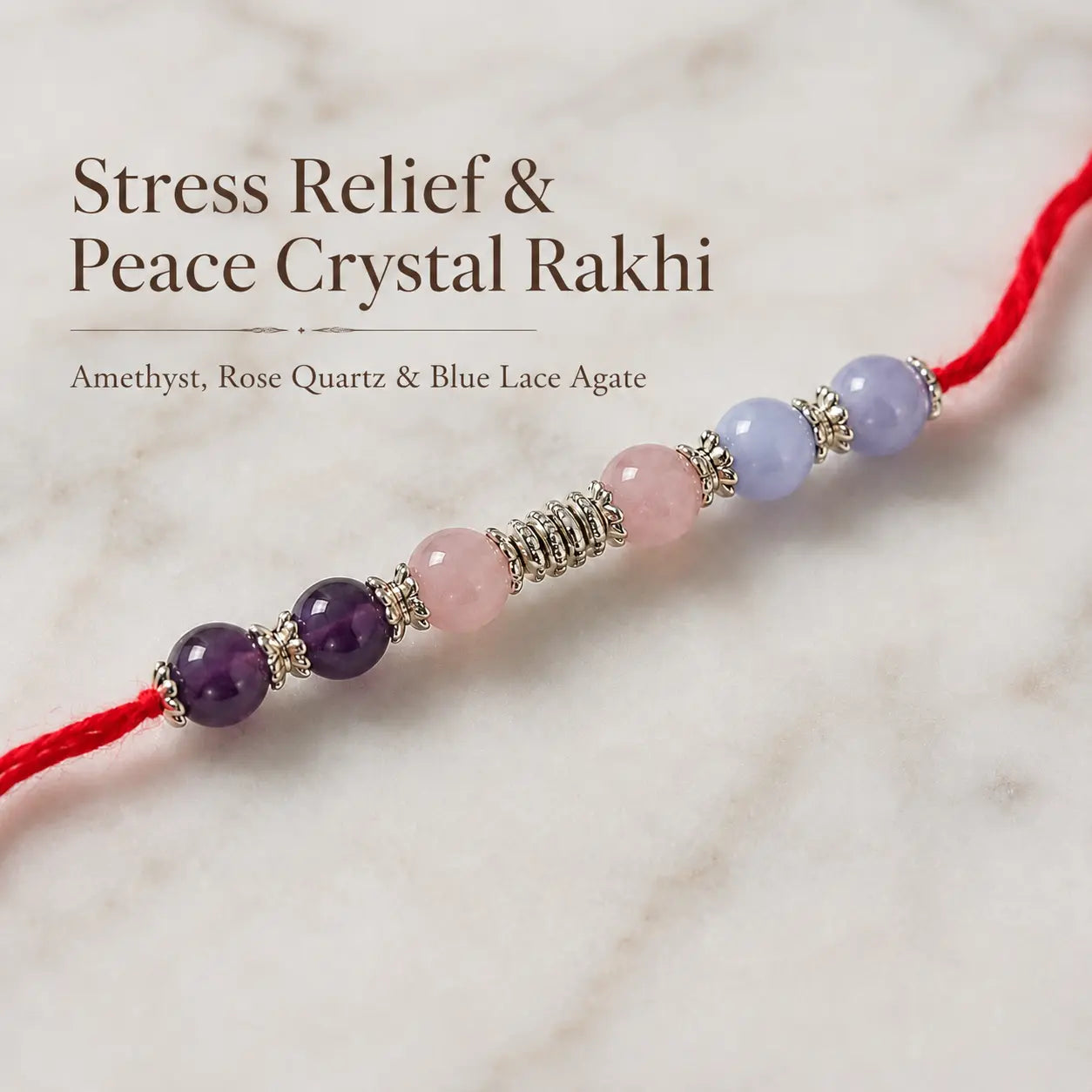 Stress Relief & Peace Crystal Rakhi with Amethyst and Rose Quartz beside festive diya – Bellarosa Gems