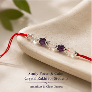 Study Focus Crystal Rakhi with Amethyst beside festive diya – Bellarosa Gems