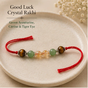 Good Luck Crystal Rakhi close-up of Green Aventurine and Tiger Eye – Bellarosa Gems