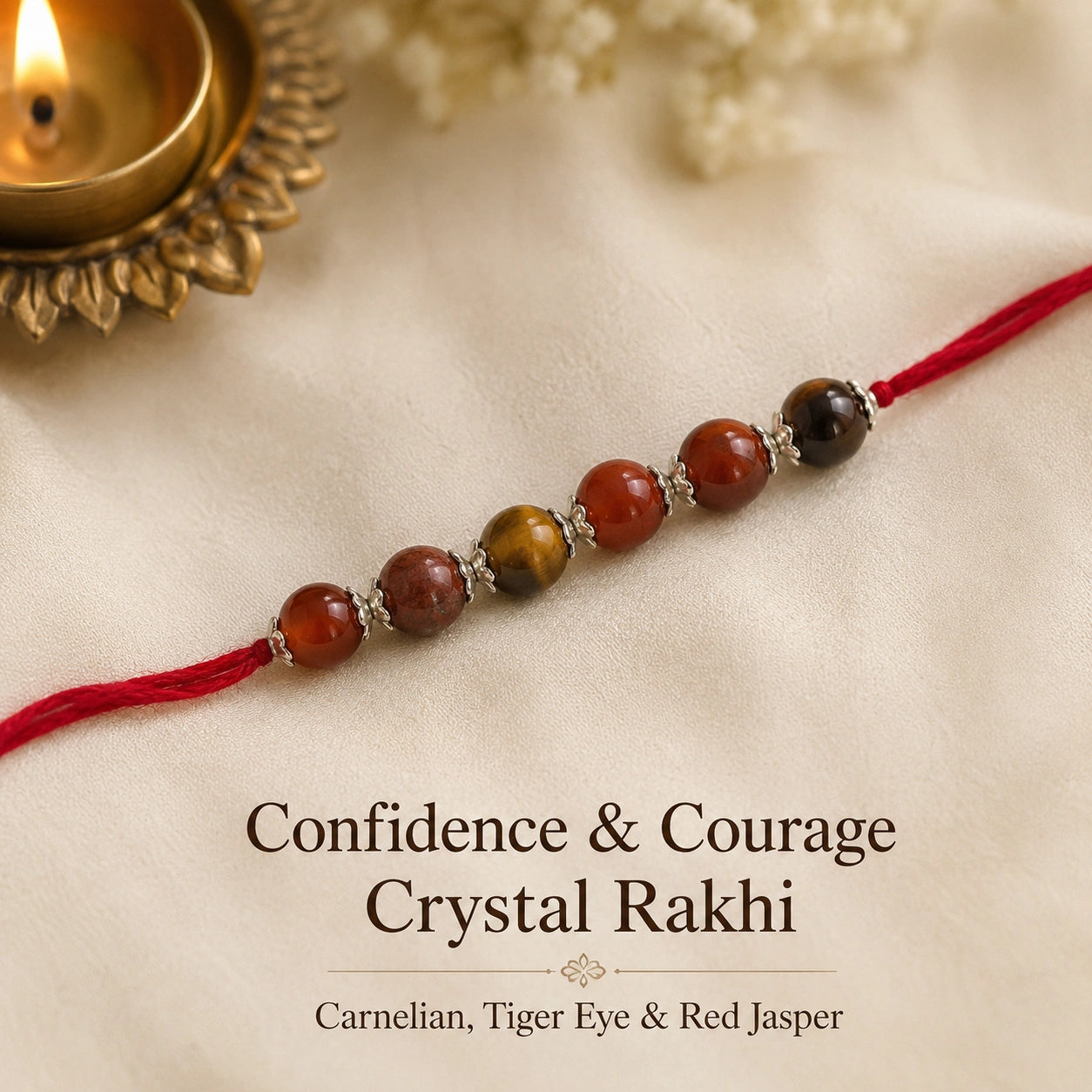 Confidence & Courage Crystal Rakhi close-up of Carnelian and Red Jasper – Bellarosa Gems