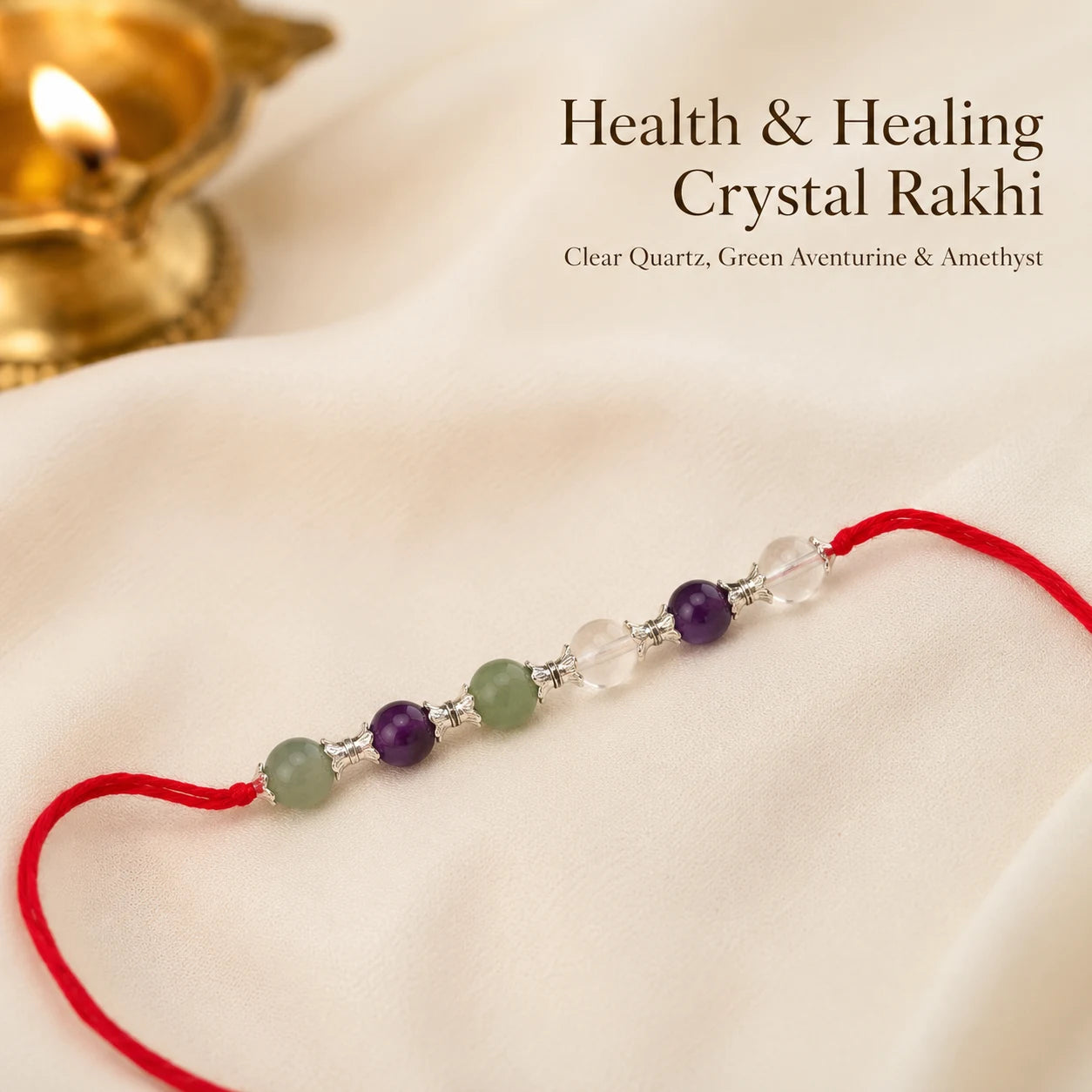 Health & Healing Crystal Rakhi close-up of Green Aventurine and Clear Quartz – Bellarosa Gems