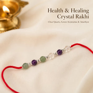 Health & Healing Crystal Rakhi close-up of Green Aventurine and Clear Quartz – Bellarosa Gems