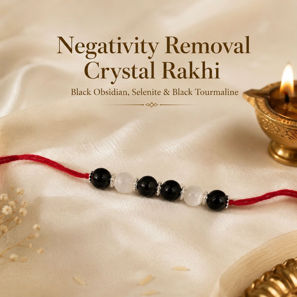 Negativity Removal Crystal Rakhi close-up of Black Obsidian and Selenite – Bellarosa Gems