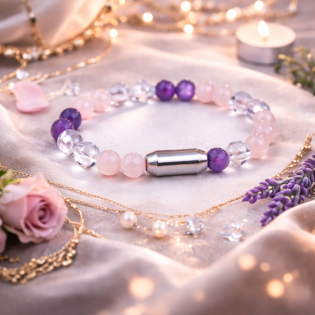 COMBINATION BRACELET  (ROSE QUARTZ + CLEAR QUARTZ + AMETHYST)