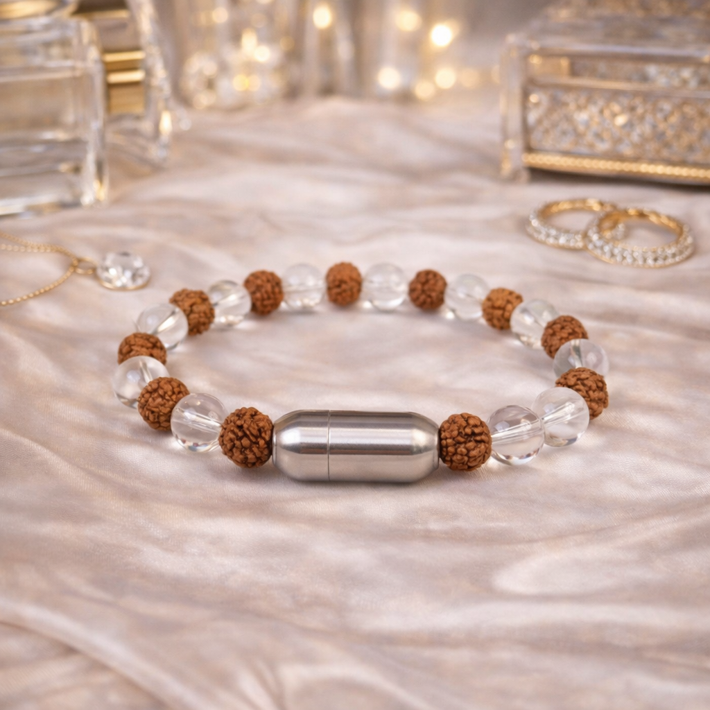 NATURAL CLEAR QUARTZ + RUDRAKSHA BRACELET