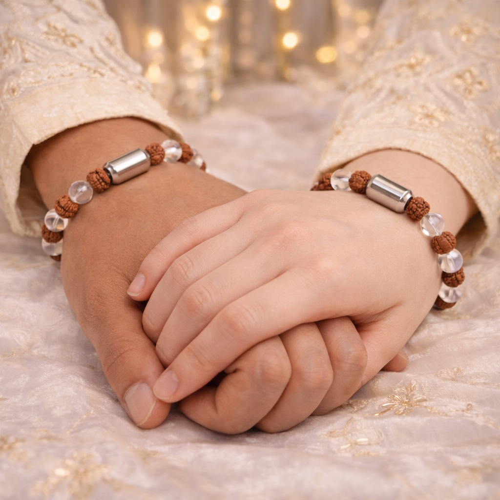NATURAL CLEAR QUARTZ + RUDRAKSHA BRACELET