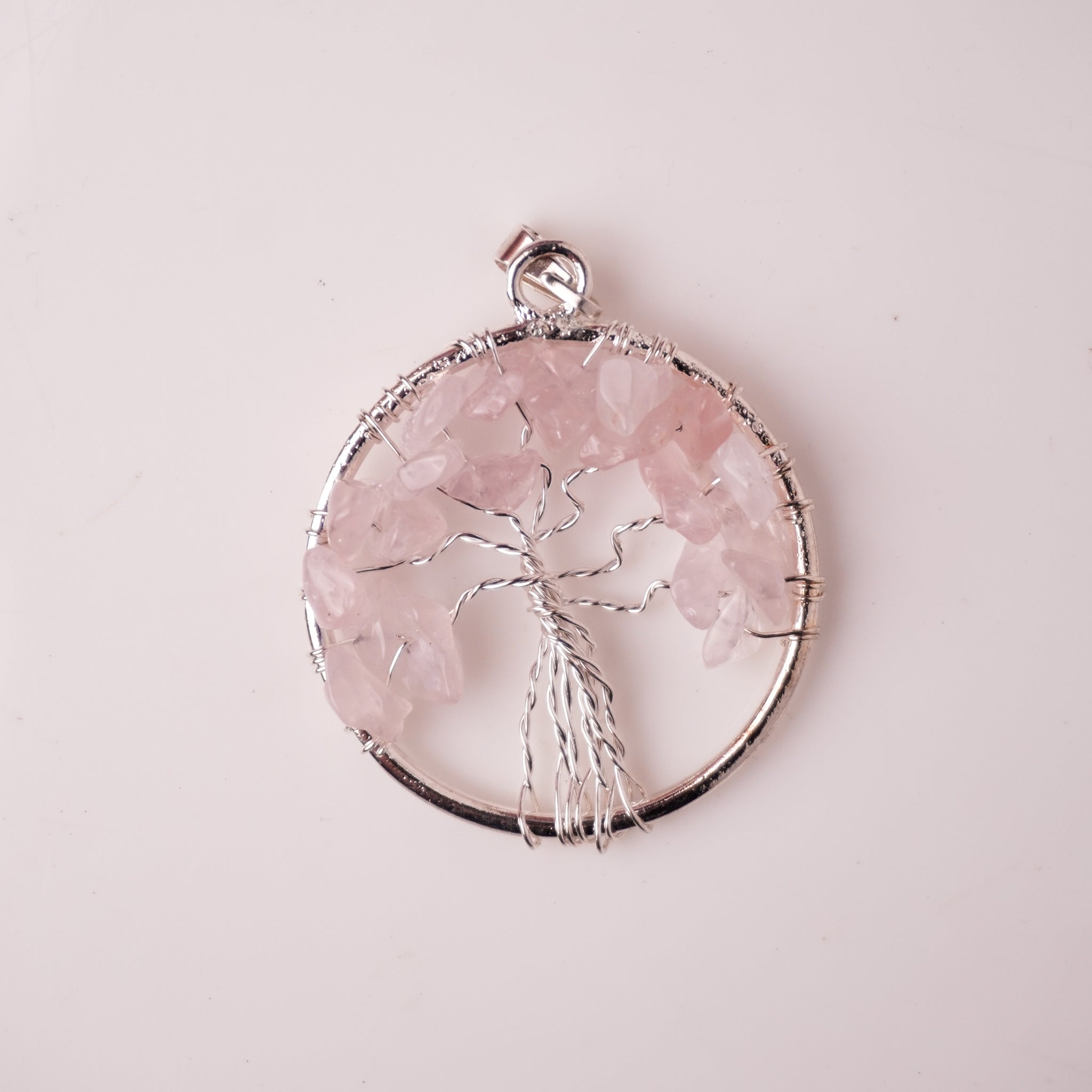 NATURAL ROSE QUARTZ TREE OF LIFE  PENDANT