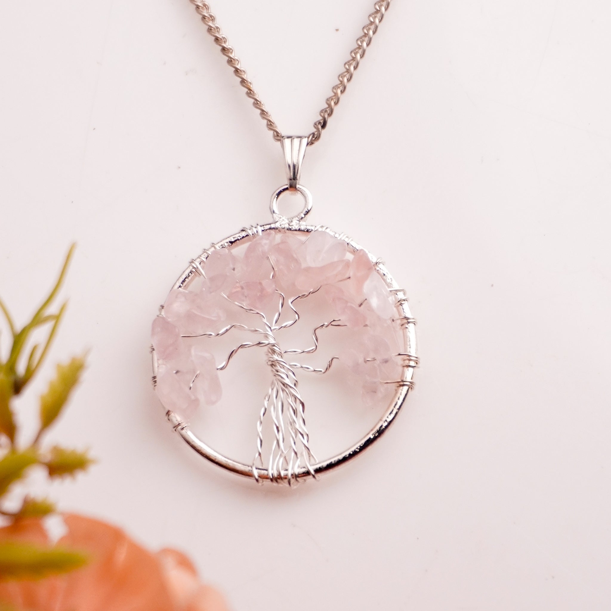 NATURAL ROSE QUARTZ TREE OF LIFE  PENDANT