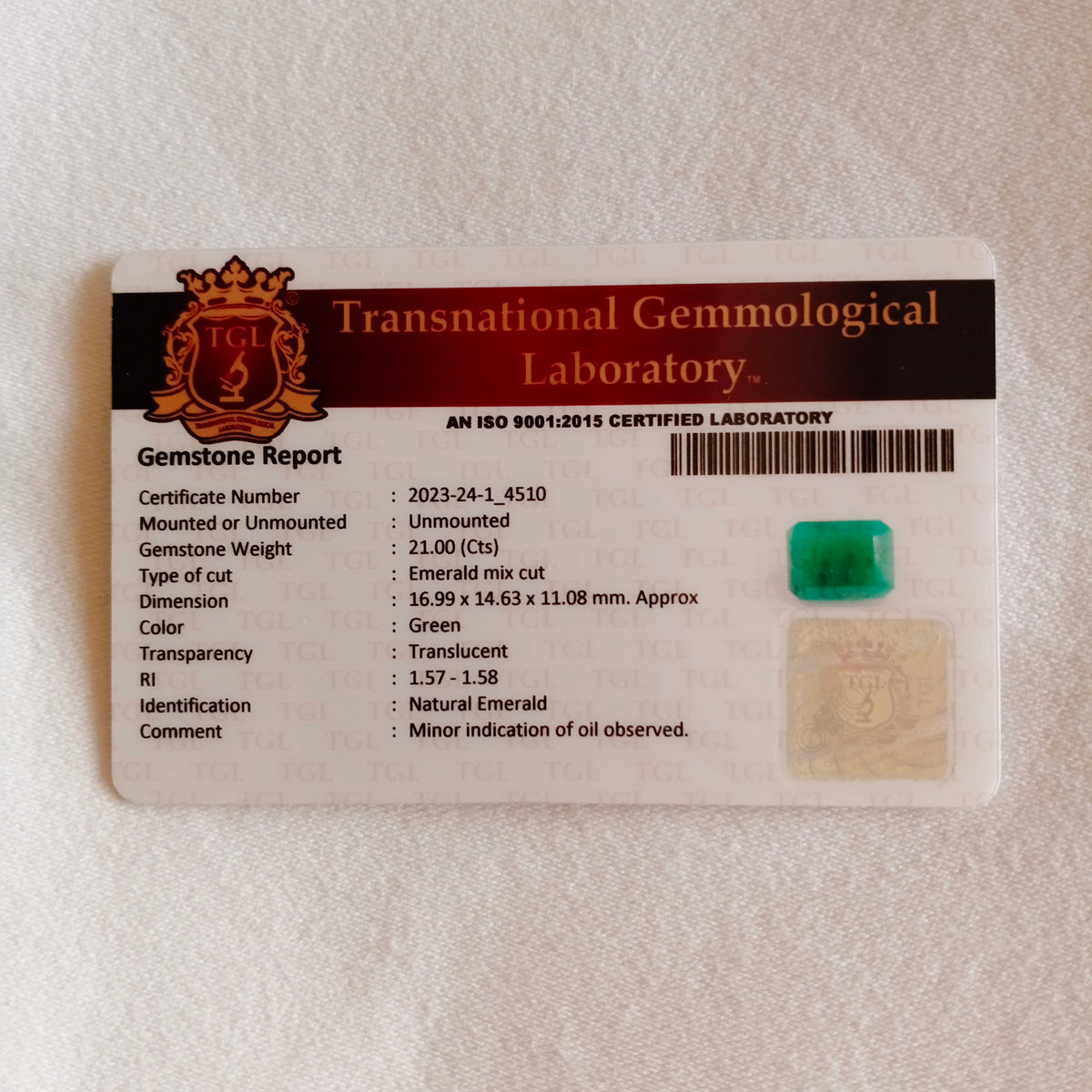 Natural Emerald (Panna) | EM 144 | 21 Carat | Certified