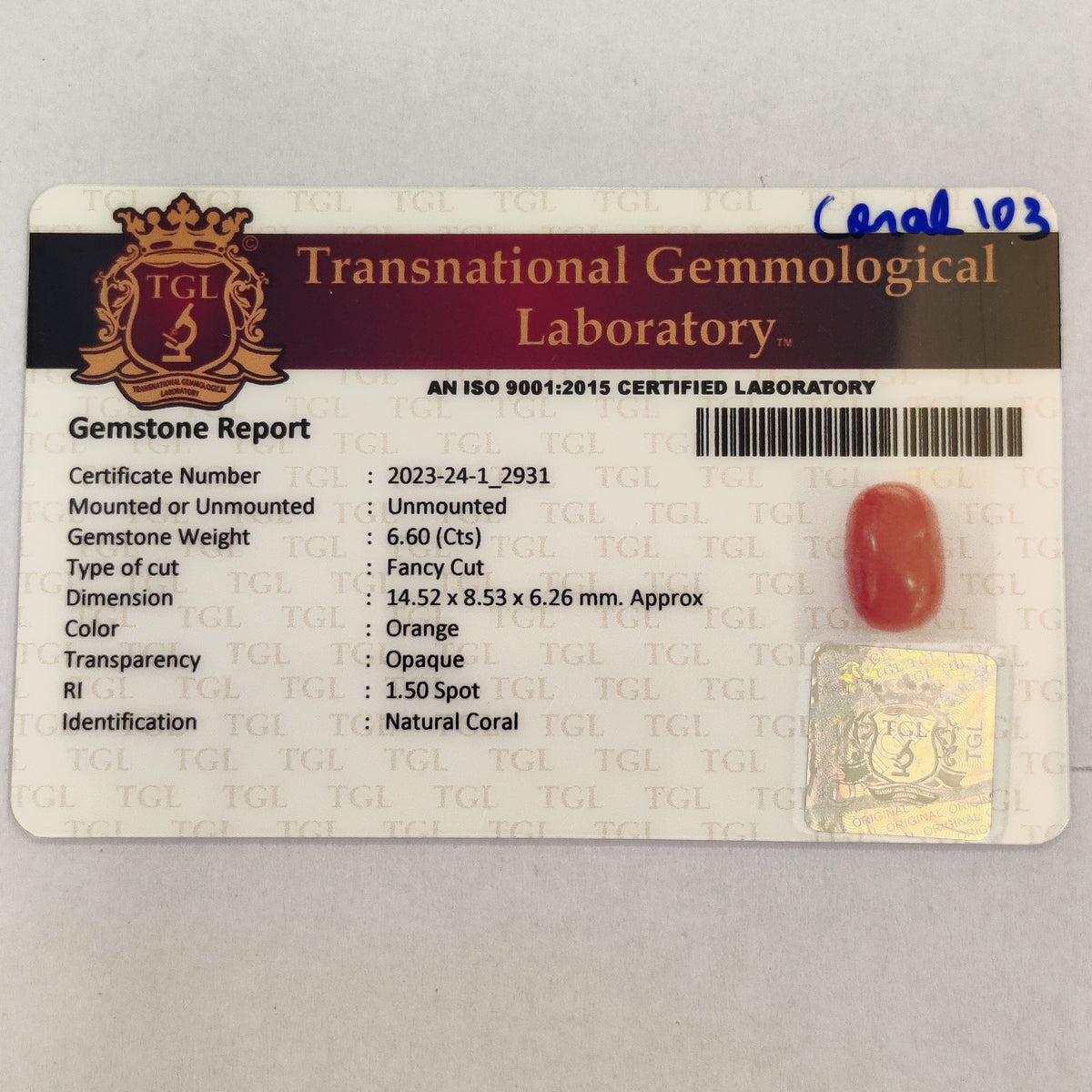 Natural Coral (Moonga) | Coral 103 | 6.6 Carat | Certified