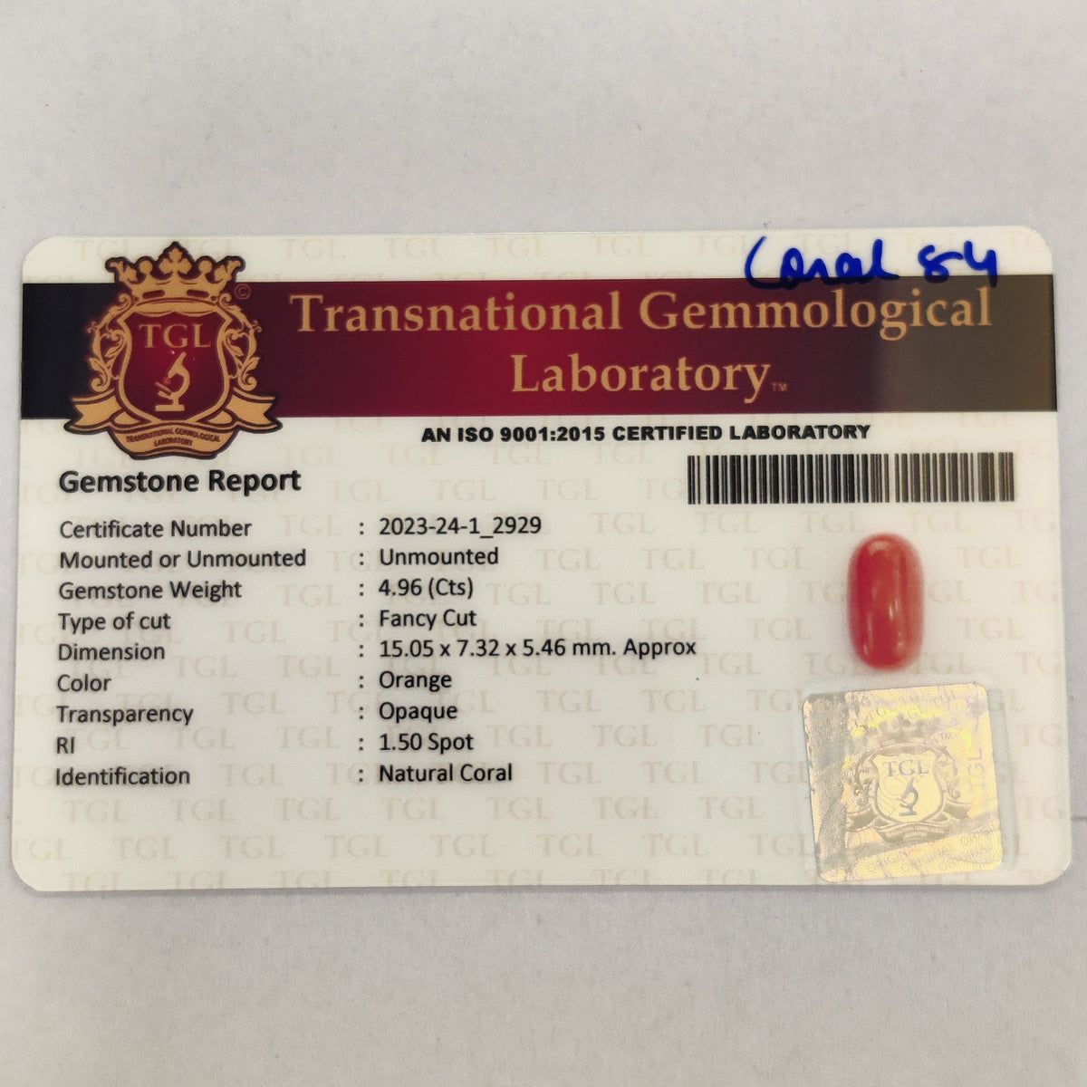 Natural Coral (Moonga) | Coral 84 | 4.96 Carat | Certified