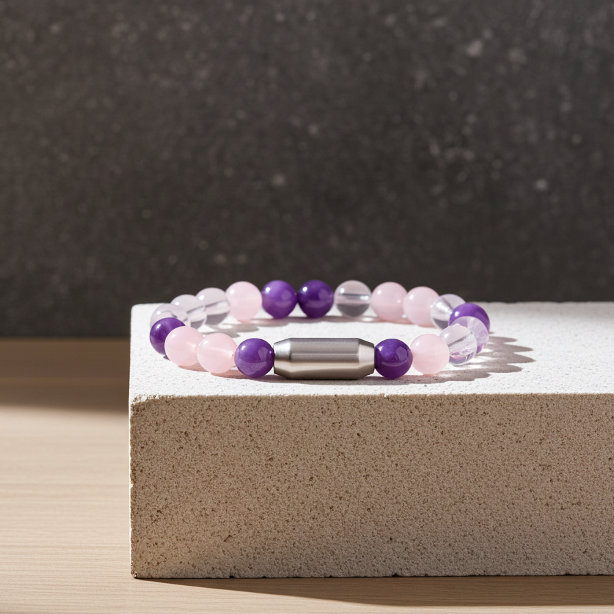 COMBINATION BRACELET  (ROSE QUARTZ + CLEAR QUARTZ + AMETHYST)