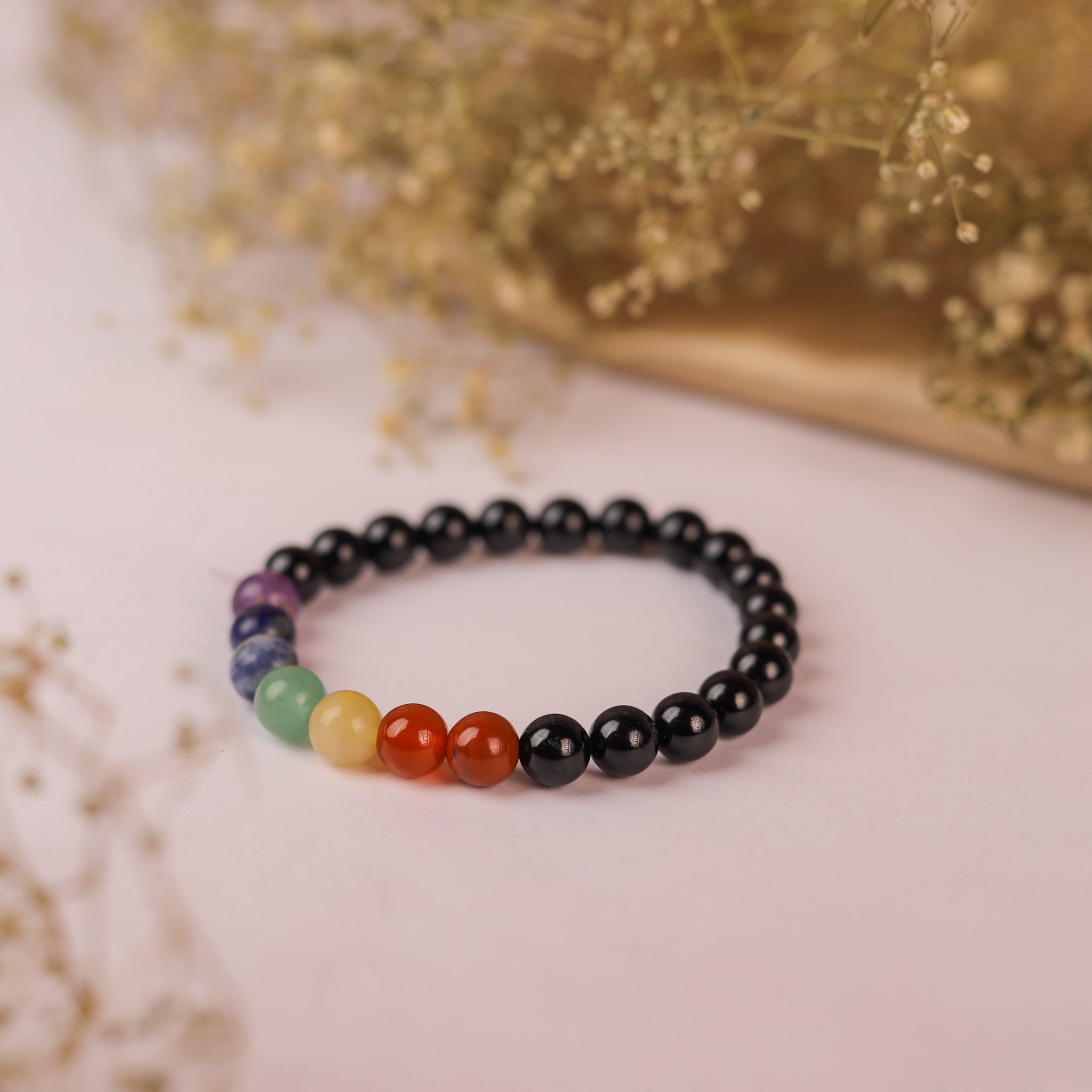 NATURAL BLACK TOURMALINE + 7 CHAKRA BRACELET