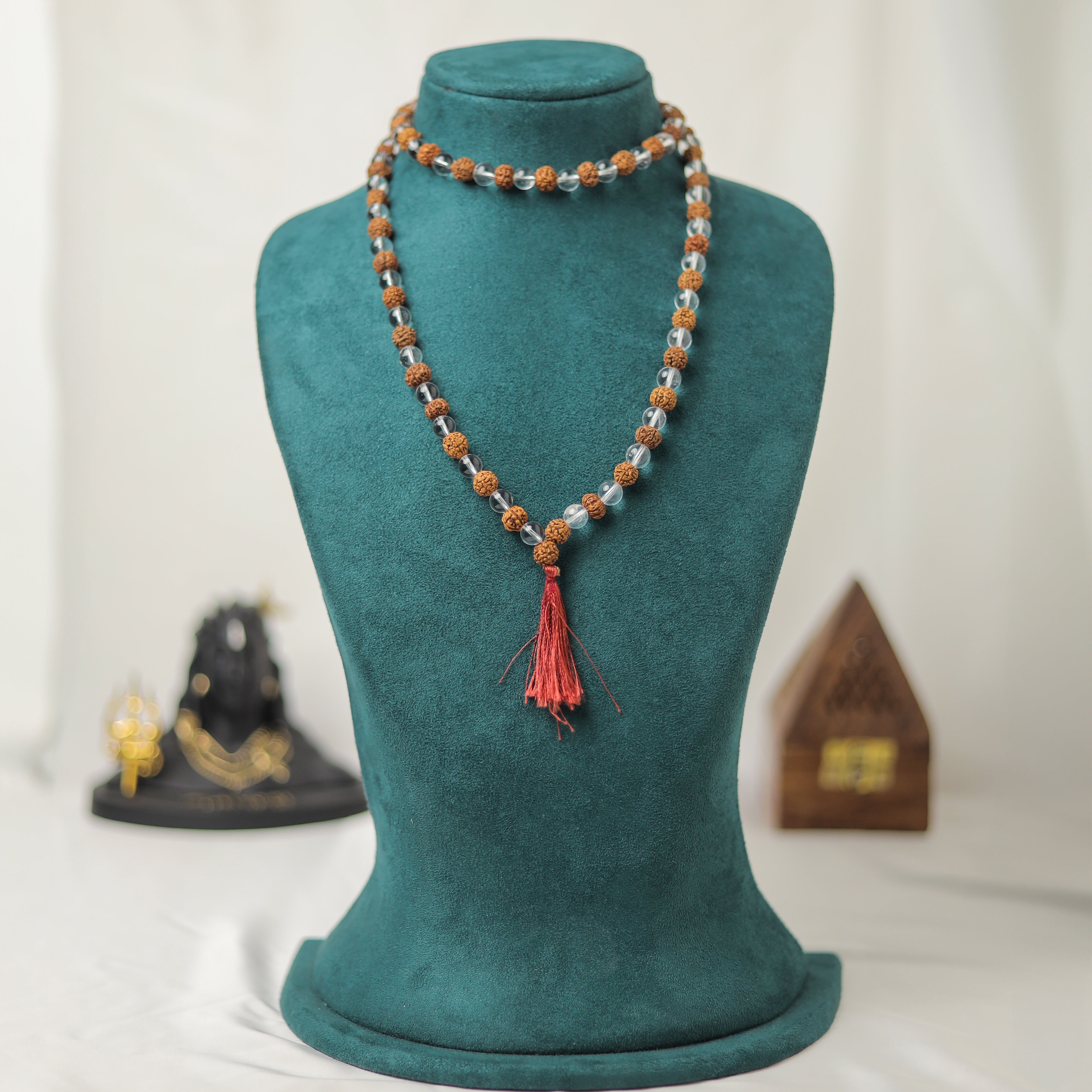 Natural 5 Mukhi Rudraksha + Clear Quartz 8 mm Mala (Indonesia)