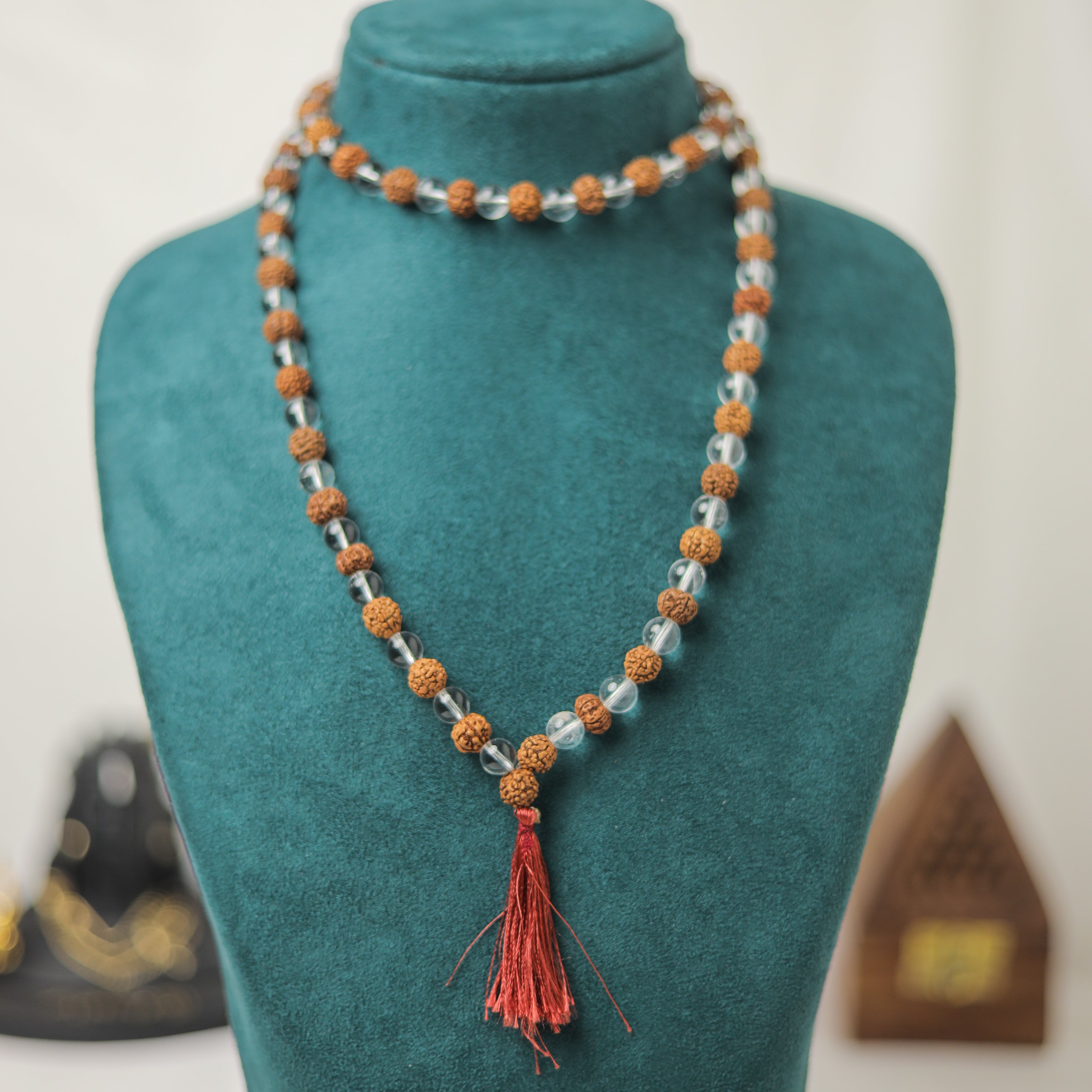 Natural 5 Mukhi Rudraksha + Clear Quartz 8 mm Mala (Indonesia)