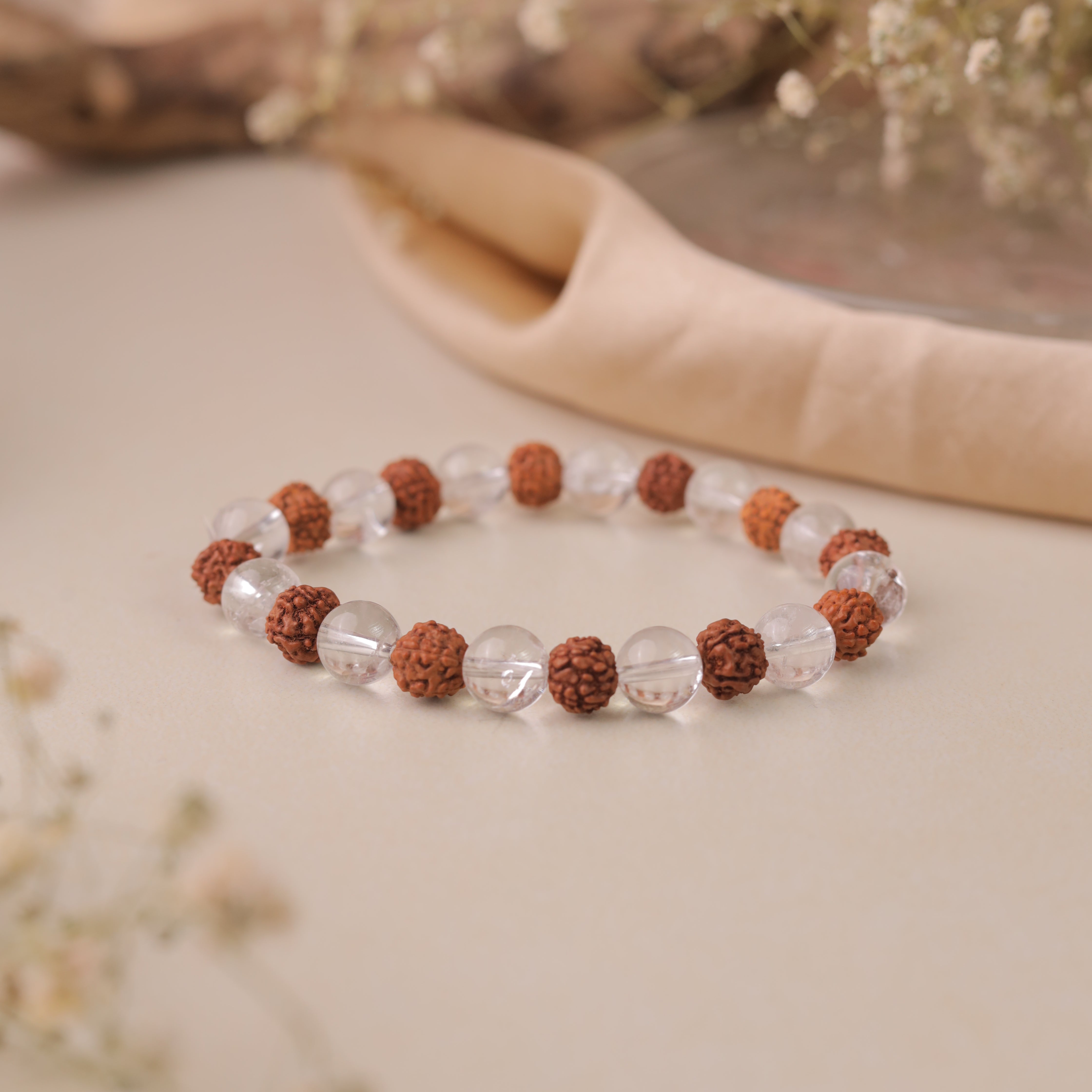 NATURAL CLEAR QUARTZ + RUDRAKSHA BRACELET