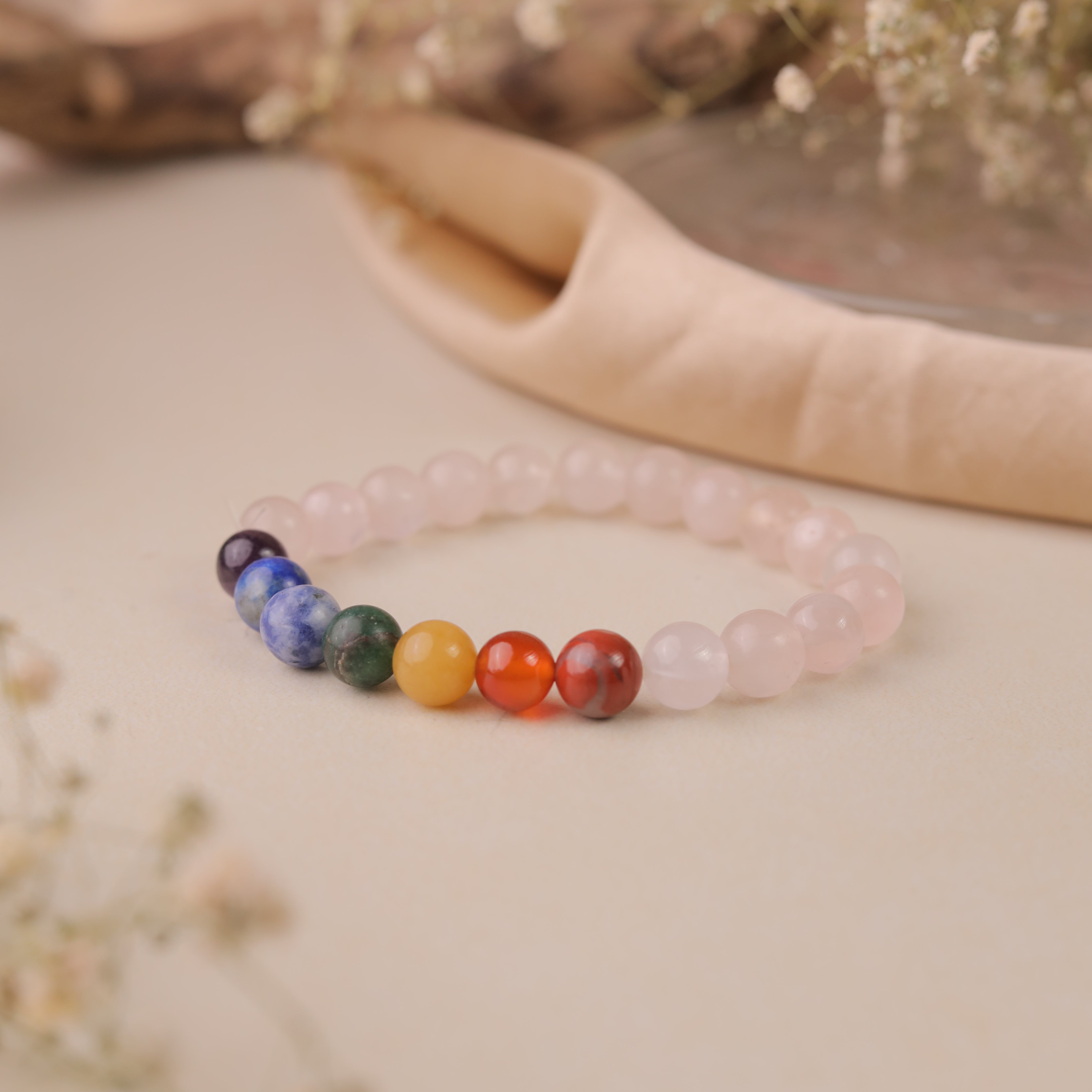 NATURAL ROSE QUARTZ + 7 CHAKRA BRACELET
