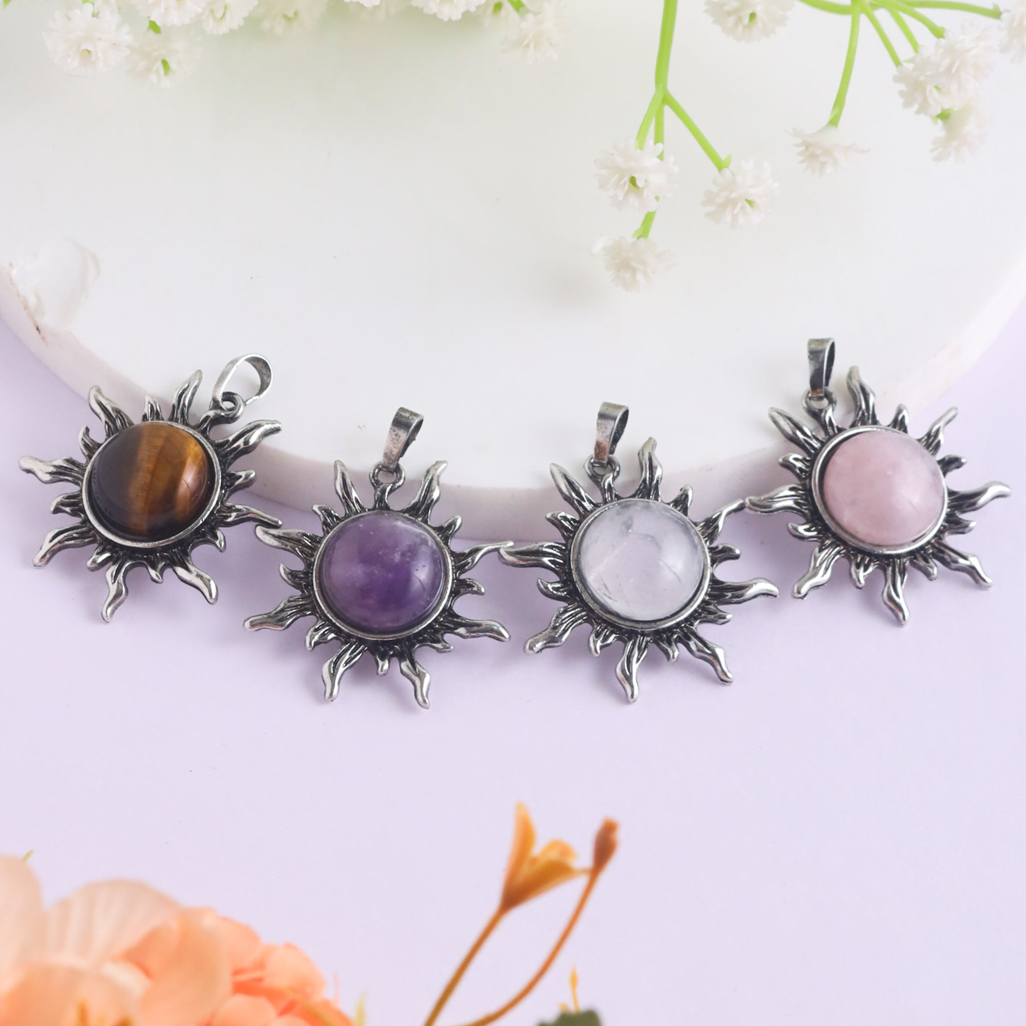 Sun Shape Pendant With Natural Crystals