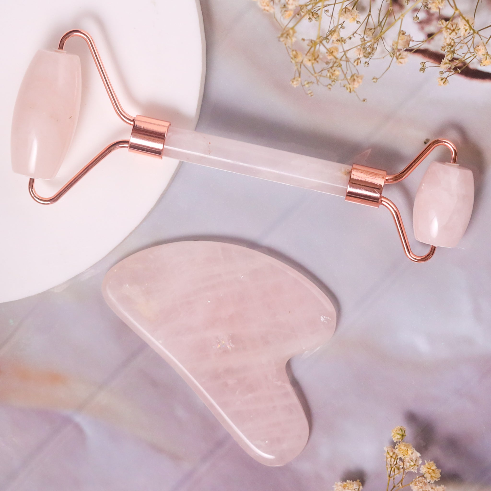 Natural Rose Quartz Roller & Gua Sha