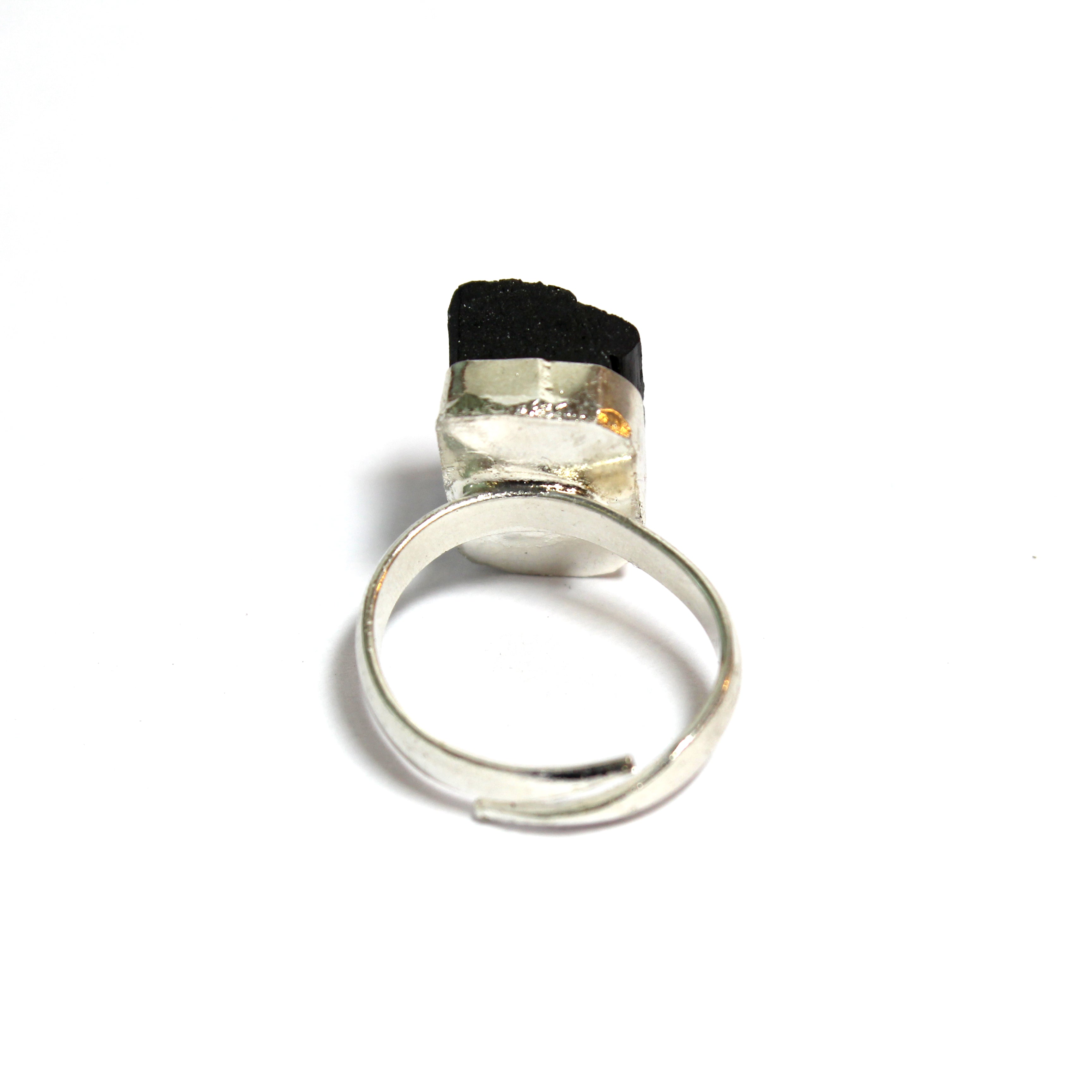 Natural Black Tourmaline Ring Front View – Raw Stone Detail | Bellarosa Gems Surat