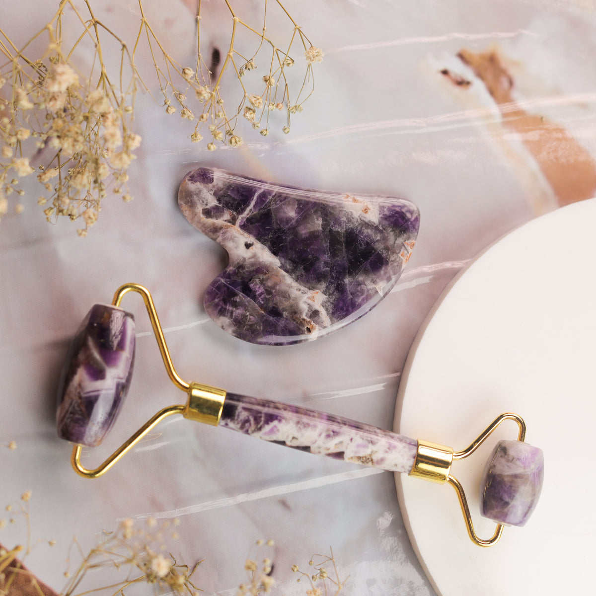 Natural Amethyst Roller & Gua Sha Combo – Crystal Beauty Set