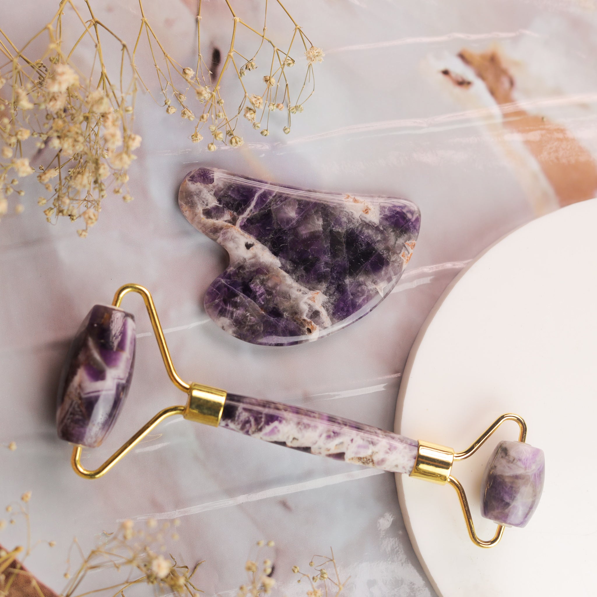 Natural Amethyst Roller & Gua Sha Combo – Crystal Beauty Set