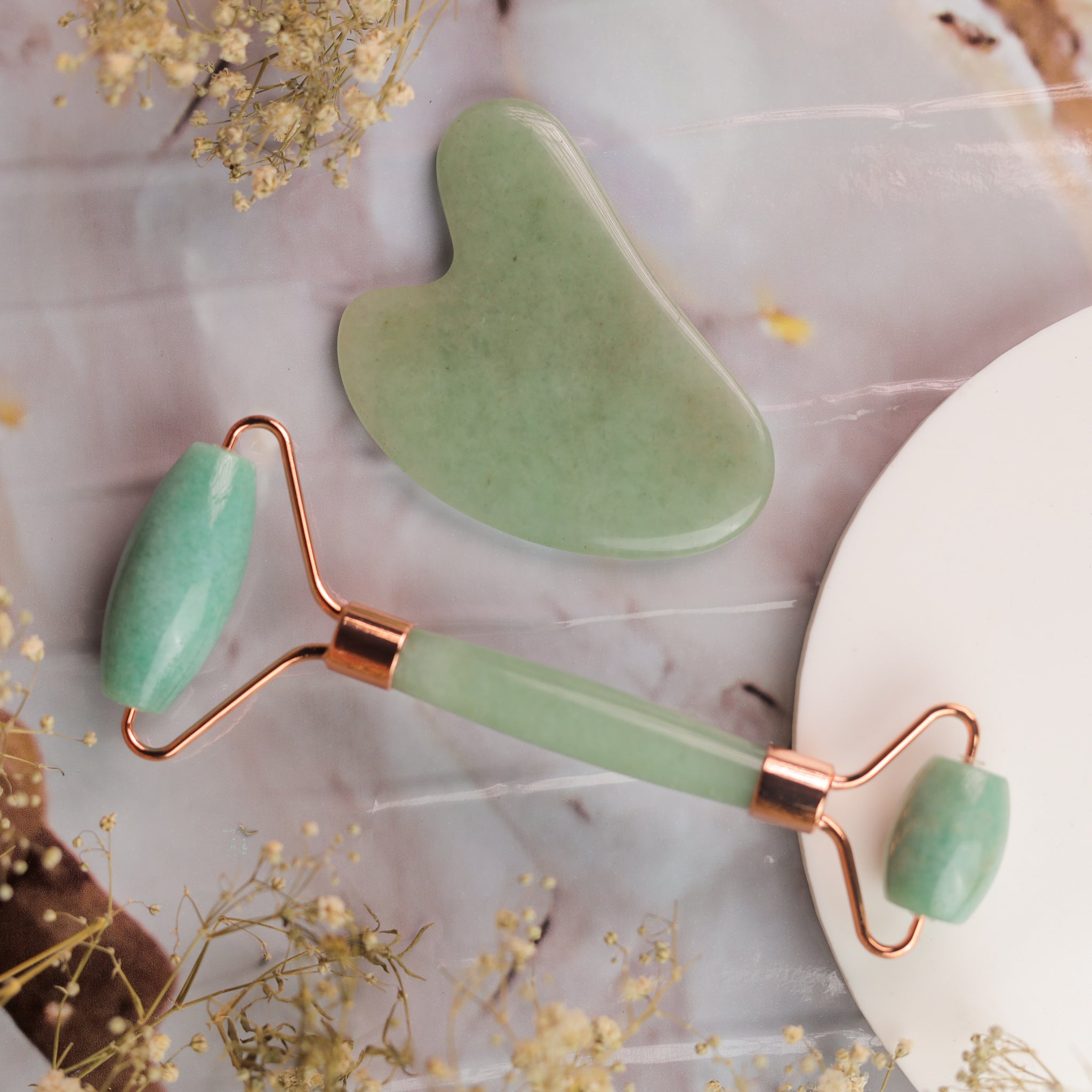 Natural Green Aventurine Roller & Gua Sha Combo – Crystal Beauty Set