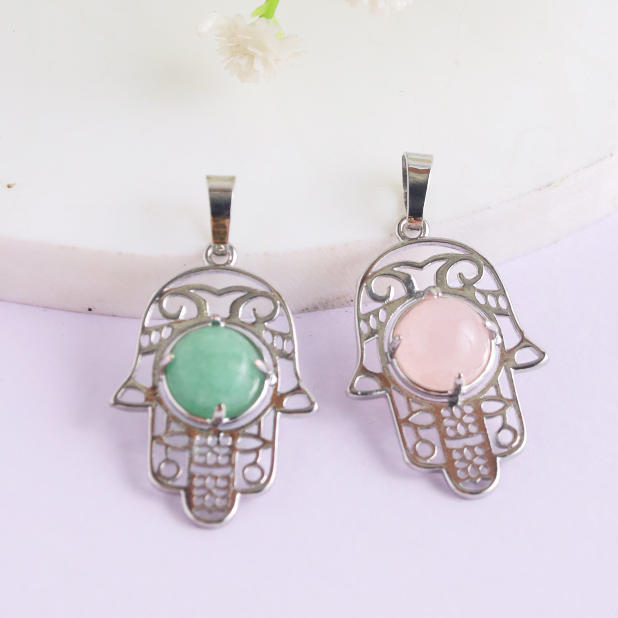Natural Hamsa Shape Crystal Pendant – Green Aventurine Rose Quartz