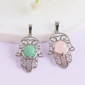 Natural Hamsa Shape Crystal Pendant – Green Aventurine Rose Quartz