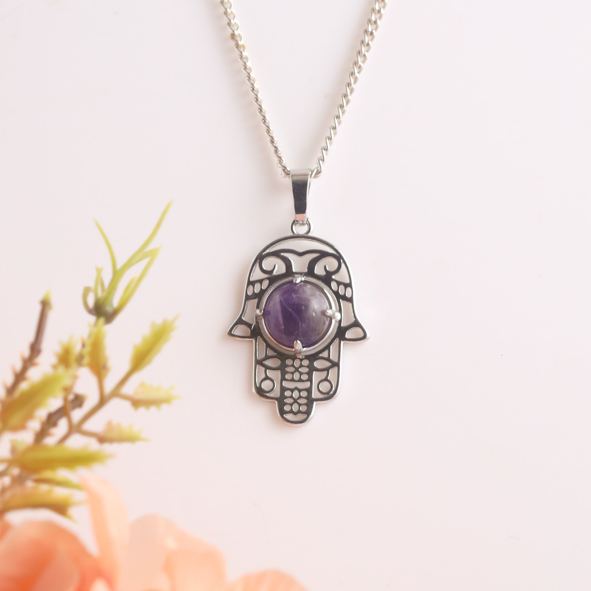 Natural Amethyst Hamsa Shape Pendant – Purple Protection Crystal