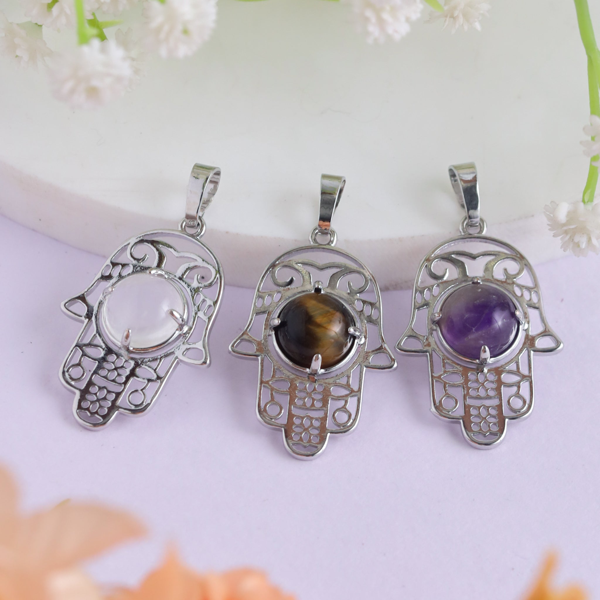 Natural Hamsa Shape Crystal Pendant 2 – Amethyst Clear Quartz Tiger Eye