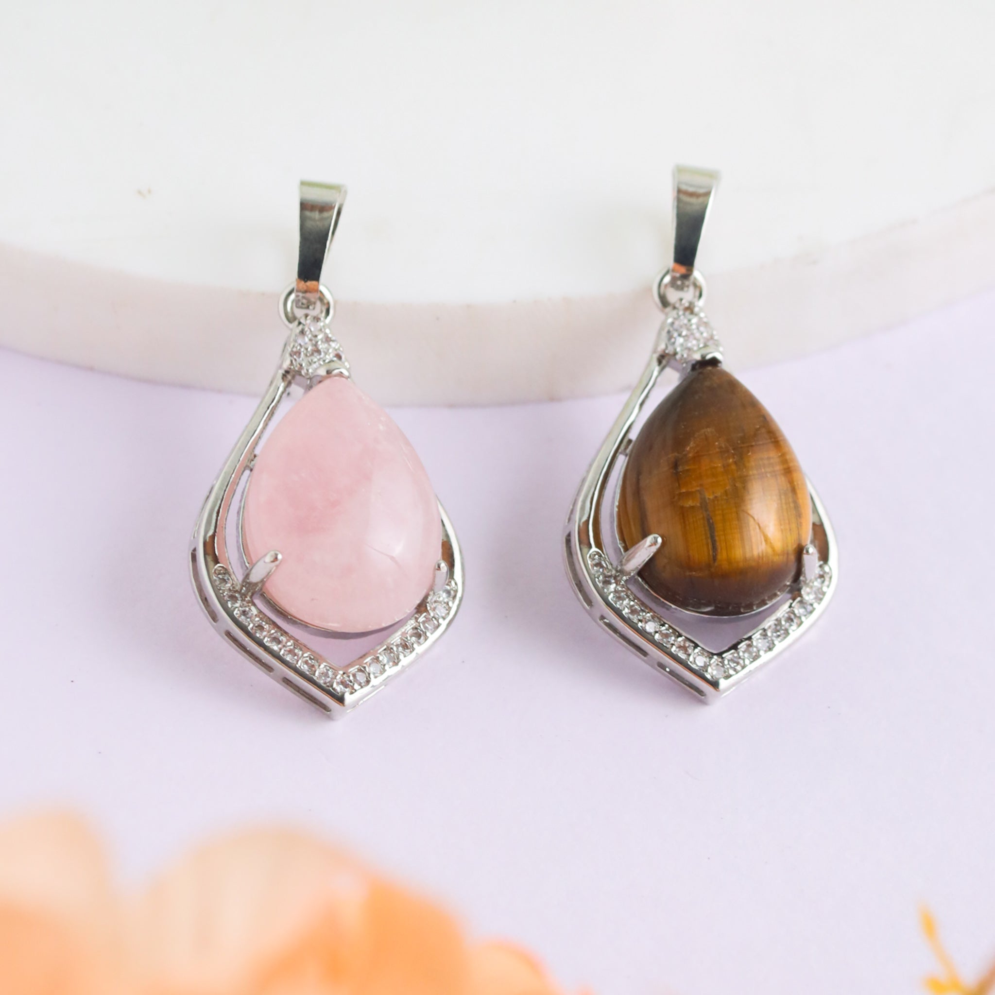 Natural Pear Shape Crystal Pendant – Rose Quartz Tiger Eye Jewellery