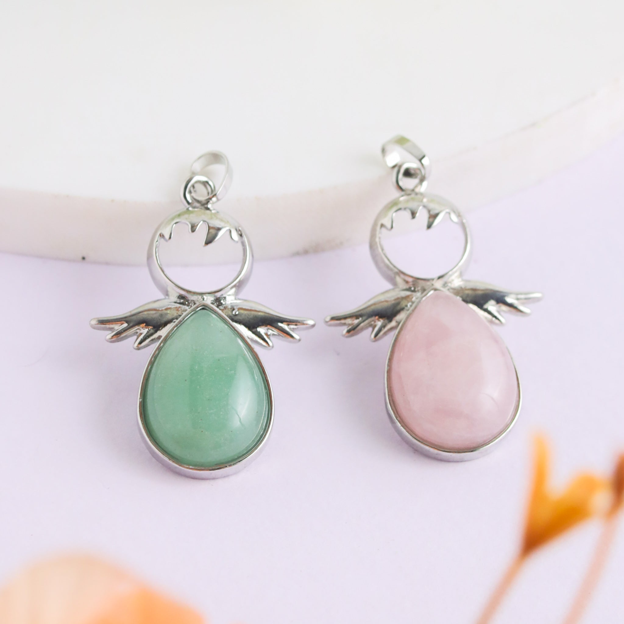 Natural Pear Wing Shape Crystal Pendant – Rose Quartz Green Aventurine