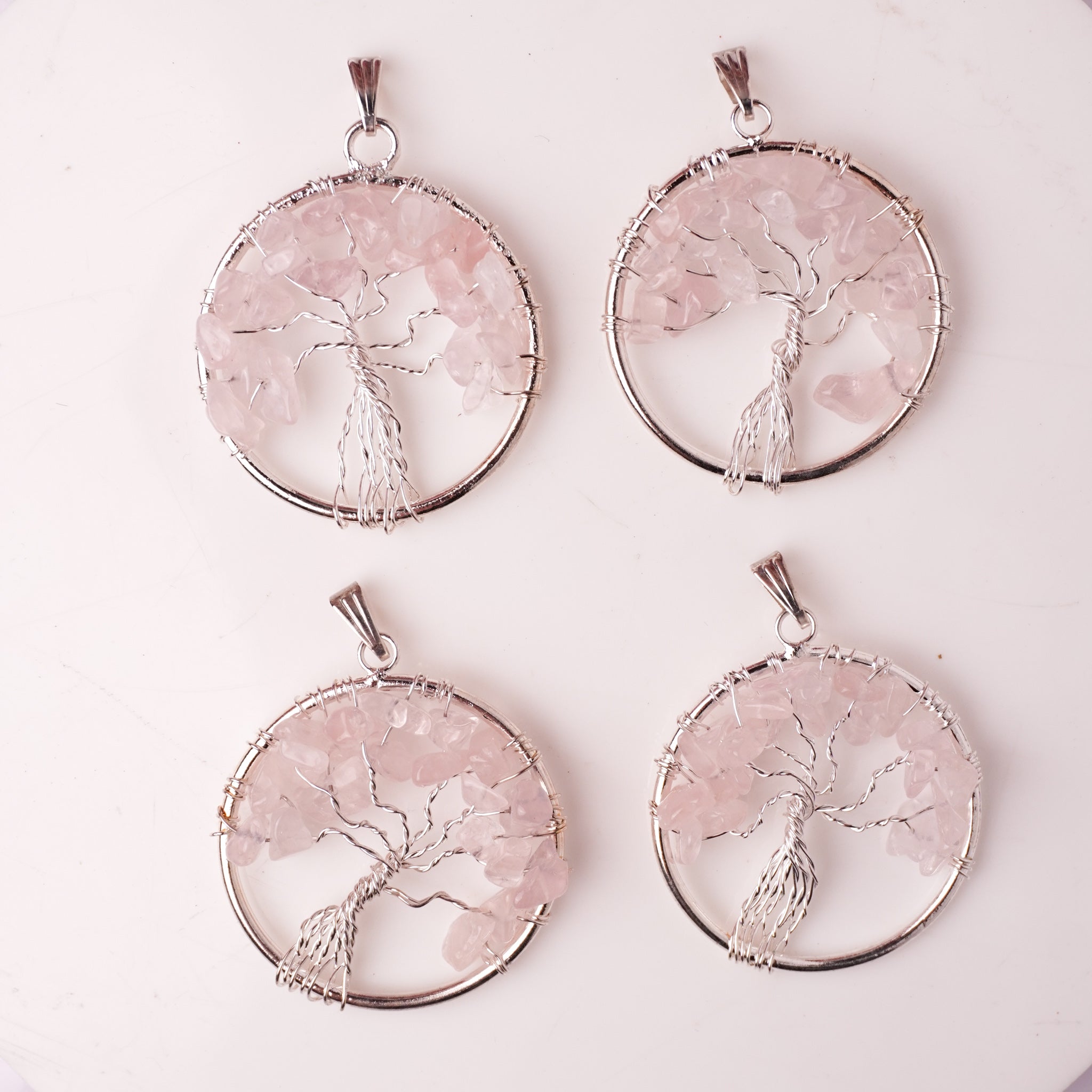 Natural Rose Quartz Tree of Life Pendant Close Up – Pink Crystal