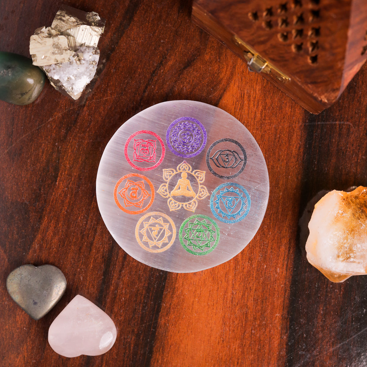 Natural Selenite 7 Chakra Round Plate – Crystal Charging Energy Tool