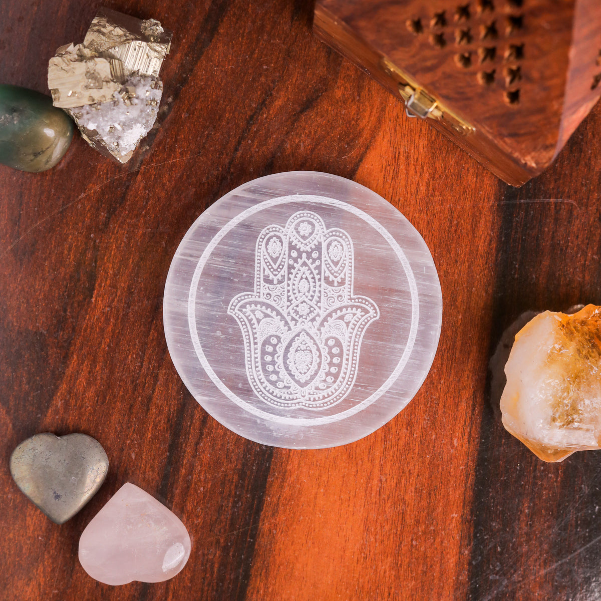 Natural Selenite Hamsa Round Plate – Protection Crystal Energy Tool