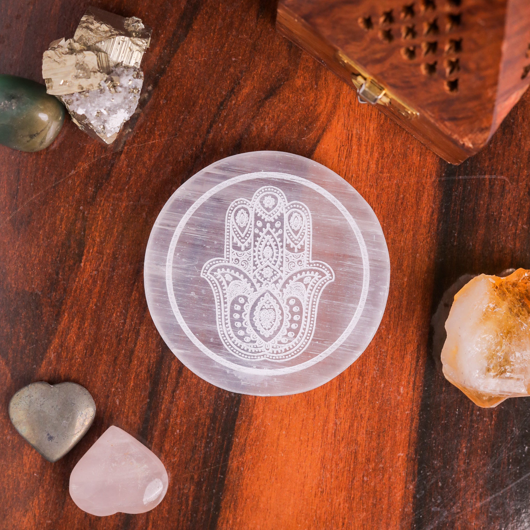 Natural Selenite Hamsa Round Plate – Protection Crystal Energy Tool