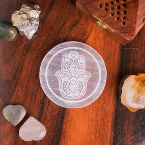Natural Selenite Hamsa Round Plate – Protection Crystal Energy Tool