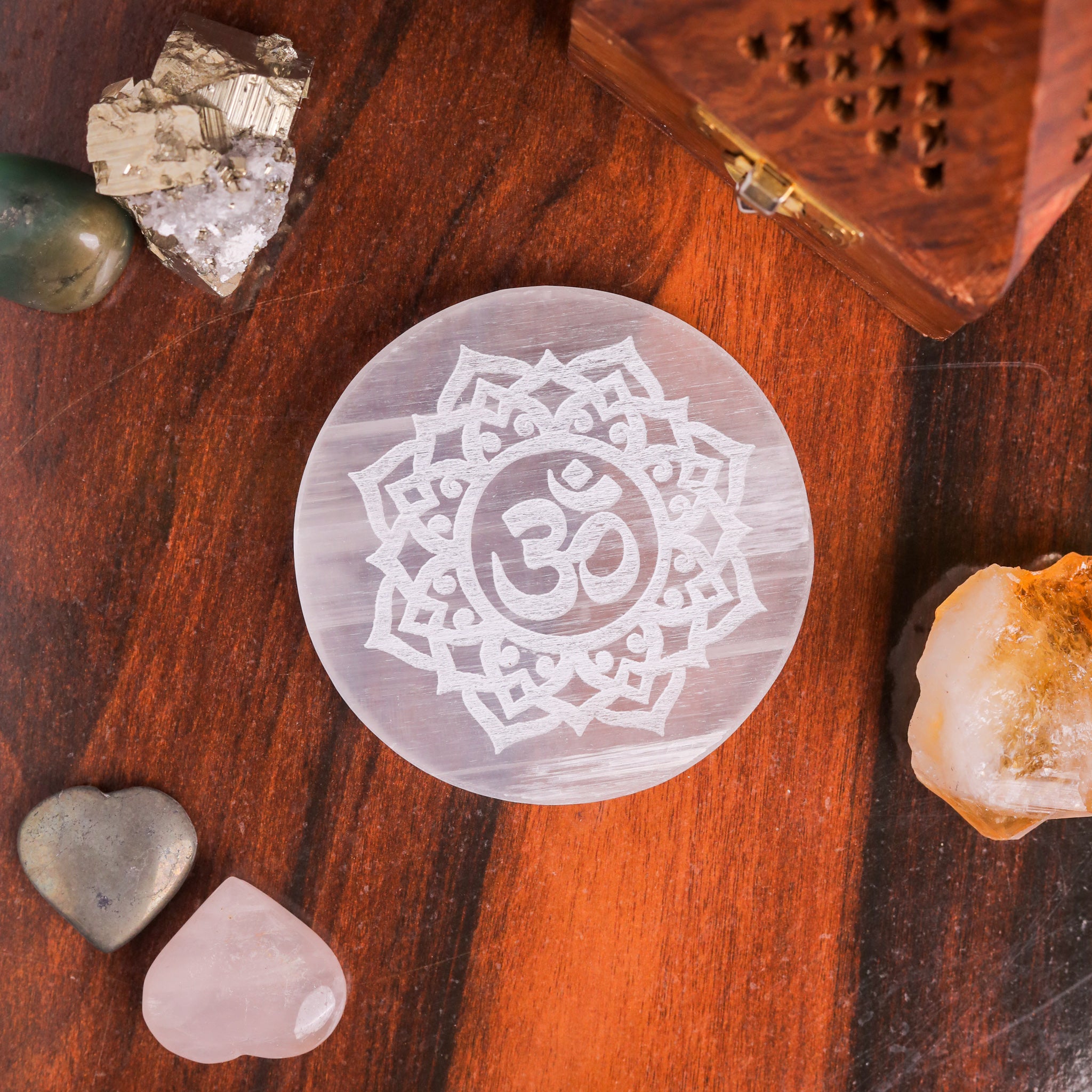Natural Selenite Om Round Plate – Spiritual Crystal Charging Tool
