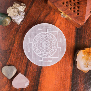 Natural Selenite Shree Yantra Round Plate – Abundance Energy Tool