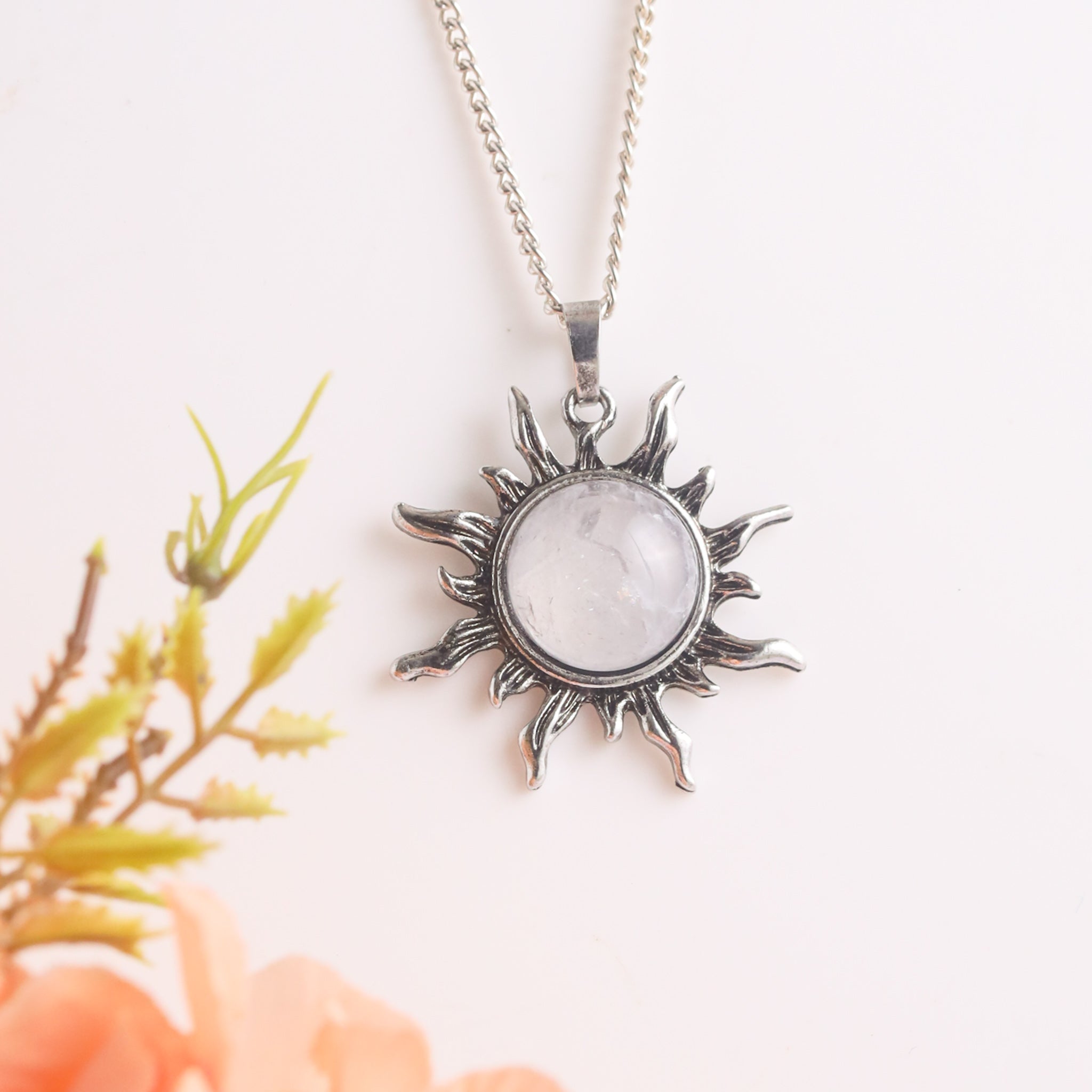 Natural Sun Shape Crystal Pendant Worn View – Lifestyle